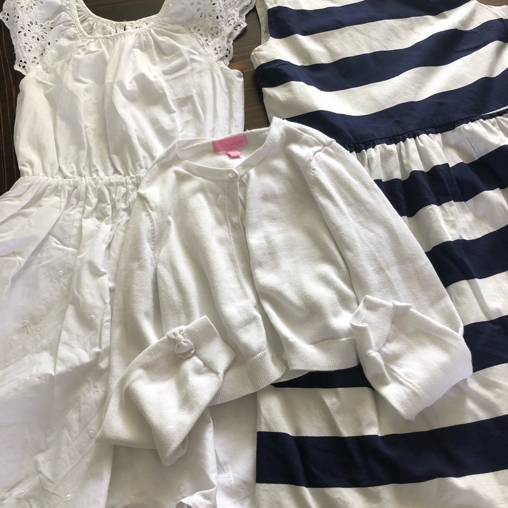 Girls size 10/12 dresses & cardigan. White & navy.
